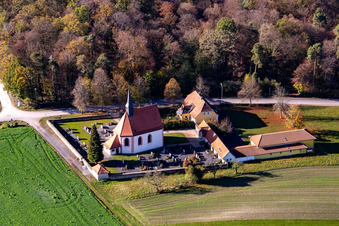 Aerial view of Churches building the chapel St. Rochus in Ebrach in the state Bavaria, Germany