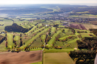 Aerial view of Grounds of the Golf course at of Golfclub Steigerwald in Geiselwind e. V. in Geiselwind in the state Bavaria, Germany