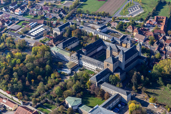 Aerial view of Complex of buildings of the monastery Abtei Muensterschwarzach in Schwarzach am Main in the state Bavaria, Germany