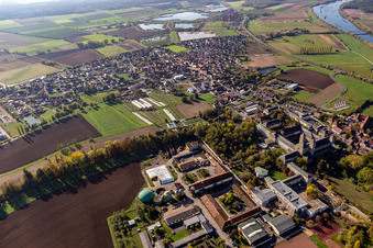 Aerial photograpy of Münsterschwarzach Abbey in the district Stadtschwarzach in Schwarzach am Main in the state Bavaria, Germany