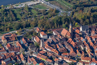 Aerial view of Church building Kath. Kirche St. Bartholomaeus in Volkach in the state Bavaria, Germany