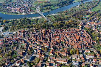City view on the river bank of the Main river in Volkach in the state Bavaria, Germany