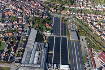 Aerial view of Industrial estate with greenhouses of the horticultural company Andreas Knaup in Röthlein in the state Bavaria, Germany