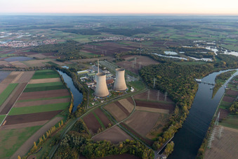 Village on the river bank areas of the Main opposite of Nucrlear power plant Schweinfurt in Garstadt in the state Bavaria, Germany
