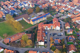 Aerial view of Festival Hall and Florentinusplatz in Rheinzabern in the state Rhineland-Palatinate, Germany