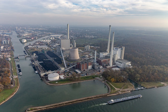 Aerial view of Power plants and exhaust towers of coal power station EnBW Energie Baden-Wuerttemberg AG, Rheinhafen-Dampfkraftwerk Karlsruhe in the district Daxlanden in Karlsruhe in the state Baden-Wurttemberg, Germany