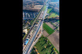 Aerial view of Construtcion work on a rail tunnel track in the route network of the Deutsche Bahn in Rastatt in the state Baden-Wurttemberg, Germany