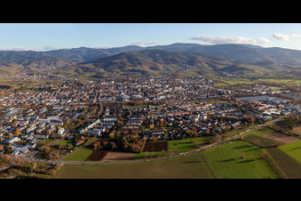 City area with outside districts and inner city area in Buehl in front of the black forest in the state Baden-Wurttemberg, Germany