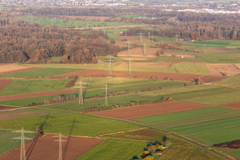 Aerial view of Reflectors on high-voltage lines in Offenburg in the state Baden-Wuerttemberg, Germany