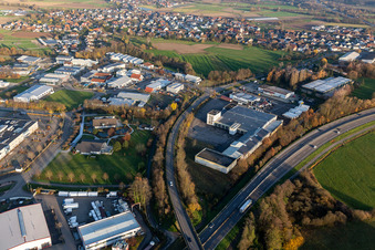 Industrial and commercial area Im Lossenfeld with Lackmann Fleisch- and Feinkostfabrik GmbH und hilzinger GmbH - Fenster + Tueren in Willstaett in the state Baden-Wurttemberg, Germany