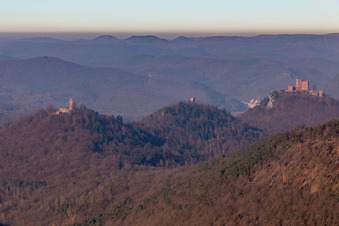 Aerial view of Trifels, Anebos and Scharfenberg in Annweiler am Trifels in the state Rhineland-Palatinate, Germany