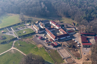 Aerial view of Stall Fried at the Liebfrauenberg Monastery in Bad Bergzabern in the state Rhineland-Palatinate, Germany