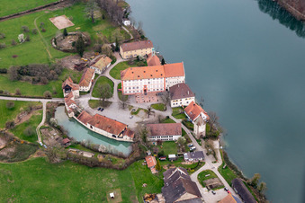 Aerial view of Beuggen Castle Church of St. Michael in Rheinfelden in the state Baden-Wuerttemberg, Germany
