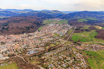 City view from the south with the Free Waldorf School Schopfheim eV and the Theodor-Heuss-Gymnasium Schopfheim in Schopfheim in the state Baden-Wuerttemberg, Germany