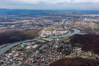 Aerial view of City view on the river bank of the Rhine river in Birsfelden and Basel in the canton Basel-Landschaft, Switzerland