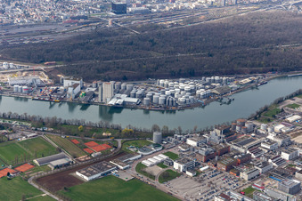 The tank farm in the Auhafen in Muttenz, Switzerland. The Rhine harbor is turnover for industry and petroleum products