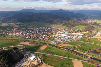 Aerial view of Town on the banks of the river of the Kinzig river in Biberach in the state Baden-Wuerttemberg, Germany