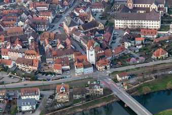 Aerial view of Tower building Kinzigtorturm the rest of the former historic city walls in Gengenbach in the state Baden-Wuerttemberg, Germany