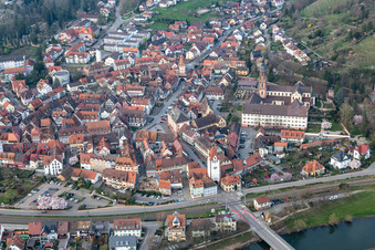 Aerial view of Town on the banks of the river of the Kinzig river in Gengenbach in the state Baden-Wuerttemberg, Germany