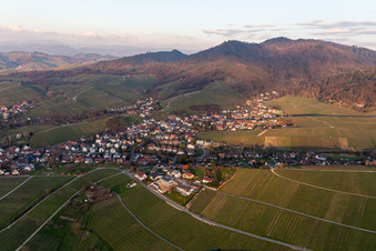 Aerial view of Village - view on the edge of vineyards and wineries in Fessenbach in the state Baden-Wuerttemberg, Germany