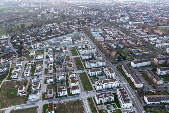 Aerial view of Construction site of a new residential area of the terraced housing estate Im Seidenfaden in Offenburg in the state Baden-Wuerttemberg, Germany