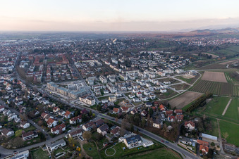 Aerial photograpy of Construction site of a new residential area of the terraced housing estate Im Seidenfaden in Offenburg in the state Baden-Wuerttemberg, Germany