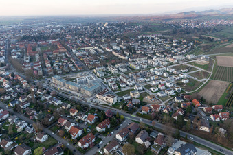 Construction site of a new residential area of the terraced housing estate Im Seidenfaden in Offenburg in the state Baden-Wuerttemberg, Germany from above