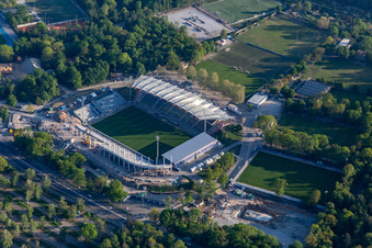 Aerial photograpy of Extension and conversion site on the sports ground of the stadium " Wildparkstadion " in Karlsruhe in the state Baden-Wurttemberg, Germany