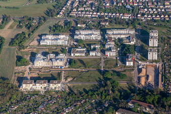 Technology Park in the district Rintheim in Karlsruhe in the state Baden-Wuerttemberg, Germany from the drone perspective