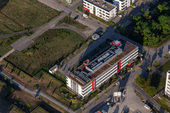 Aerial view of Microchip Technoloy in the technology park in the district Rintheim in Karlsruhe in the state Baden-Wuerttemberg, Germany