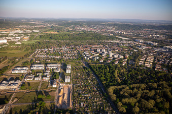 Emmy-Noether-Straße with Technology Park Karlsruhe and allotment garden association Hirtenweg eV in the district Rintheim in Karlsruhe in the state Baden-Wuerttemberg, Germany