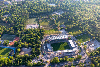 Oblique view of Extension and conversion site on the sports ground of the stadium " Wildparkstadion " in Karlsruhe in the state Baden-Wurttemberg, Germany