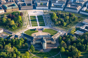 Aerial view of Building complex in the park of the castle Karlsruhe in Karlsruhe in the state Baden-Wurttemberg, Germany