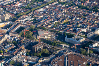 Aerial view of Ettlinger Tor with ETC and Badisches Staatstheater in the district Innenstadt-West in Karlsruhe in the state Baden-Wuerttemberg, Germany