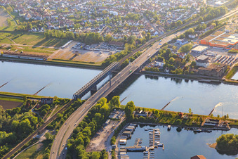 Aerial view of Renovated Rhine bridge to Wörth and marina of the Motorboat Club Karlsruhe eV in the district Knielingen in Karlsruhe in the state Baden-Wuerttemberg, Germany