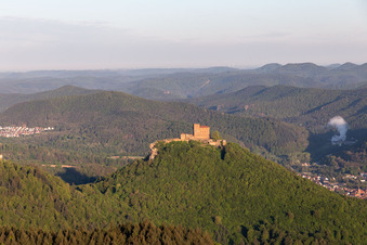 Aerial view of Castles Trifels, Anebos and Scharfenberg in the district Bindersbach in Annweiler am Trifels in the state Rhineland-Palatinate, Germany