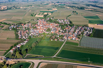 Aerial photograpy of Village - view on the edge of agricultural fields and farmland in Impflingen in the state Rhineland-Palatinate, Germany