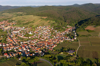 Aerial view of View of the winegrowing village from the east in the district Rechtenbach in Schweigen-Rechtenbach in the state Rhineland-Palatinate, Germany