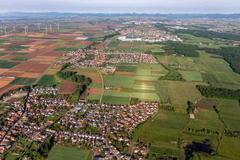 Aerial view of Town View of the streets and houses of the residential areas in Ottersheim bei Landau in the state Rhineland-Palatinate, Germany