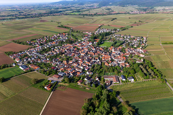 Drone image of Agricultural land and field borders surround the settlement area of the village in Moerzheim in the state Rhineland-Palatinate, Germany
