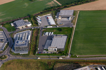 Industrial area in the Speyer Valley with TRANSAC International Speditionsgesellschaft mb, Markthalle 5, and Resinnovation GmbH in Rülzheim in the state Rhineland-Palatinate, Germany