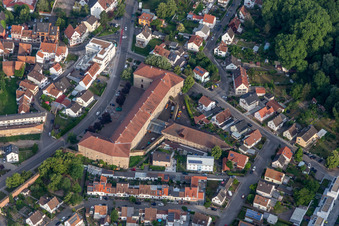 Aerial view of Museum building ensemble of Deutsches Strassenmuseum e.V. in Germersheim in the state Rhineland-Palatinate, Germany