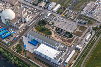 Aerial photograpy of Former Phillippsburg nuclear power plant after the demolition of the two cooling towers in Philippsburg in the state Baden-Wuerttemberg, Germany