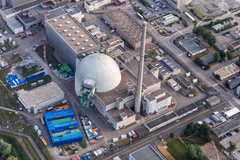 Former Phillippsburg nuclear power plant after the demolition of the two cooling towers in Philippsburg in the state Baden-Wuerttemberg, Germany from above
