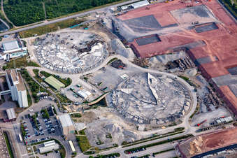 Aerial photograpy of Remains of the decommissioned reactor blocks and facilities of the nuclear power plant - KKW Kernkraftwerk EnBW Kernkraft GmbH, Philippsburg nuclear power plant and rubble of the two cooling towers in Philippsburg in the state Baden-Wuerttemberg, Germany