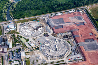 Former Phillippsburg nuclear power plant after the demolition of the two cooling towers in Philippsburg in the state Baden-Wuerttemberg, Germany out of the air