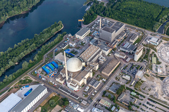 Former Phillippsburg nuclear power plant after the demolition of the two cooling towers in Philippsburg in the state Baden-Wuerttemberg, Germany seen from above