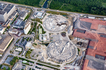 Bird's eye view of Former Phillippsburg nuclear power plant after the demolition of the two cooling towers in Philippsburg in the state Baden-Wuerttemberg, Germany