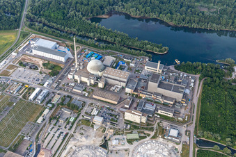 Former Phillippsburg nuclear power plant after the demolition of the two cooling towers in Philippsburg in the state Baden-Wuerttemberg, Germany viewn from the air