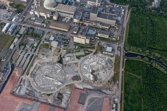 Drone recording of Former Phillippsburg nuclear power plant after the demolition of the two cooling towers in Philippsburg in the state Baden-Wuerttemberg, Germany
